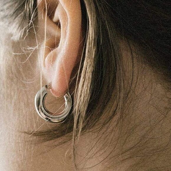 925 Sterling Post Small Chunky Hoop Earrings - Picture 2 of 3